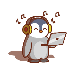 The refactor this penguin with headphones and a laptop